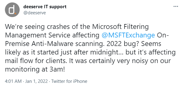Microsoft Exchange 2022 Bug Tweet